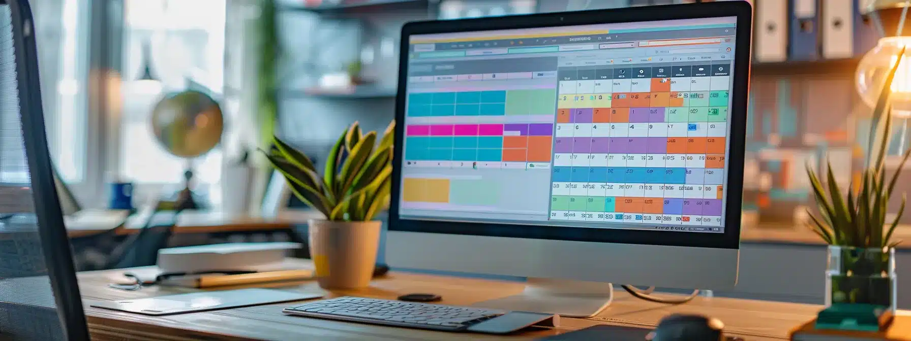 a sleek computer screen displays a synchronized editorial calendar with colorful tabs for various content initiatives, surrounded by a team engaged in collaborative discussion, highlighting efficiency and teamwork in content creation.