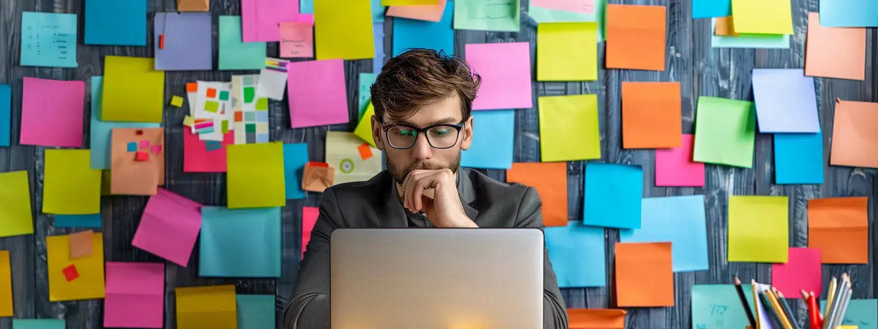 a busy marketer surrounded by colorful sticky notes, whiteboards, and a laptop, brainstorming content ideas.