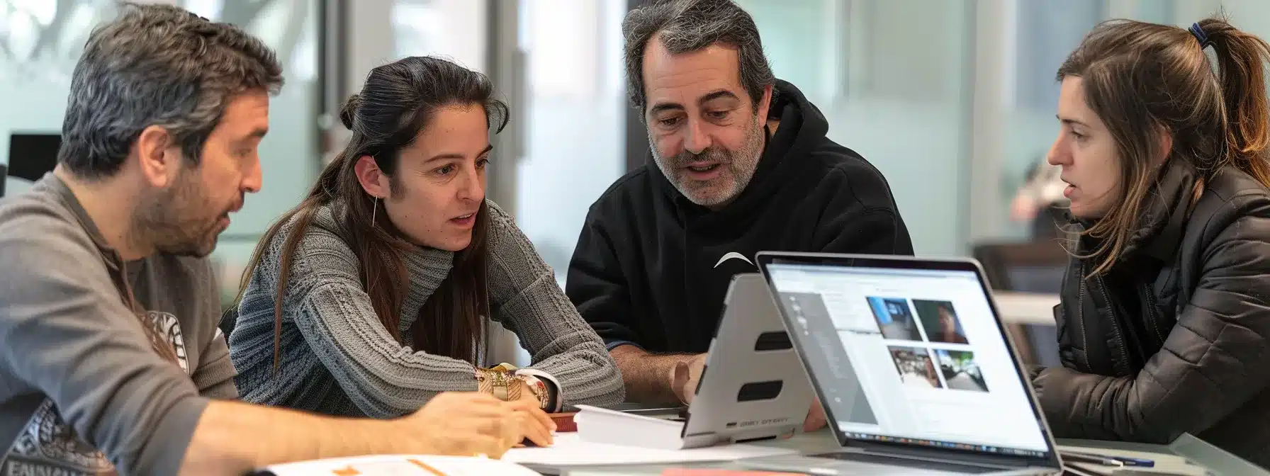 a group of coworkers gathered around a conference table, reviewing and discussing content on a laptop screen with a style guide open beside them.