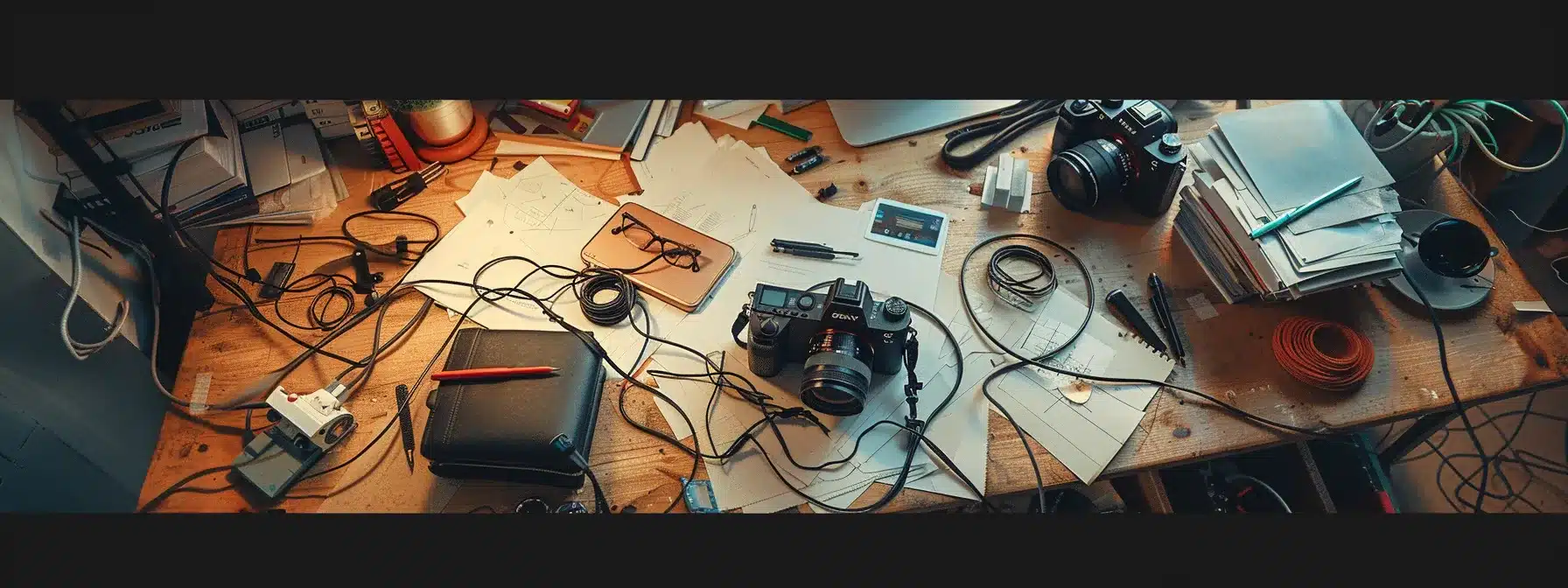 a cluttered desk with scattered papers, tangled wires, and various tools representing a chaotic content creation process in need of evaluation and optimization.