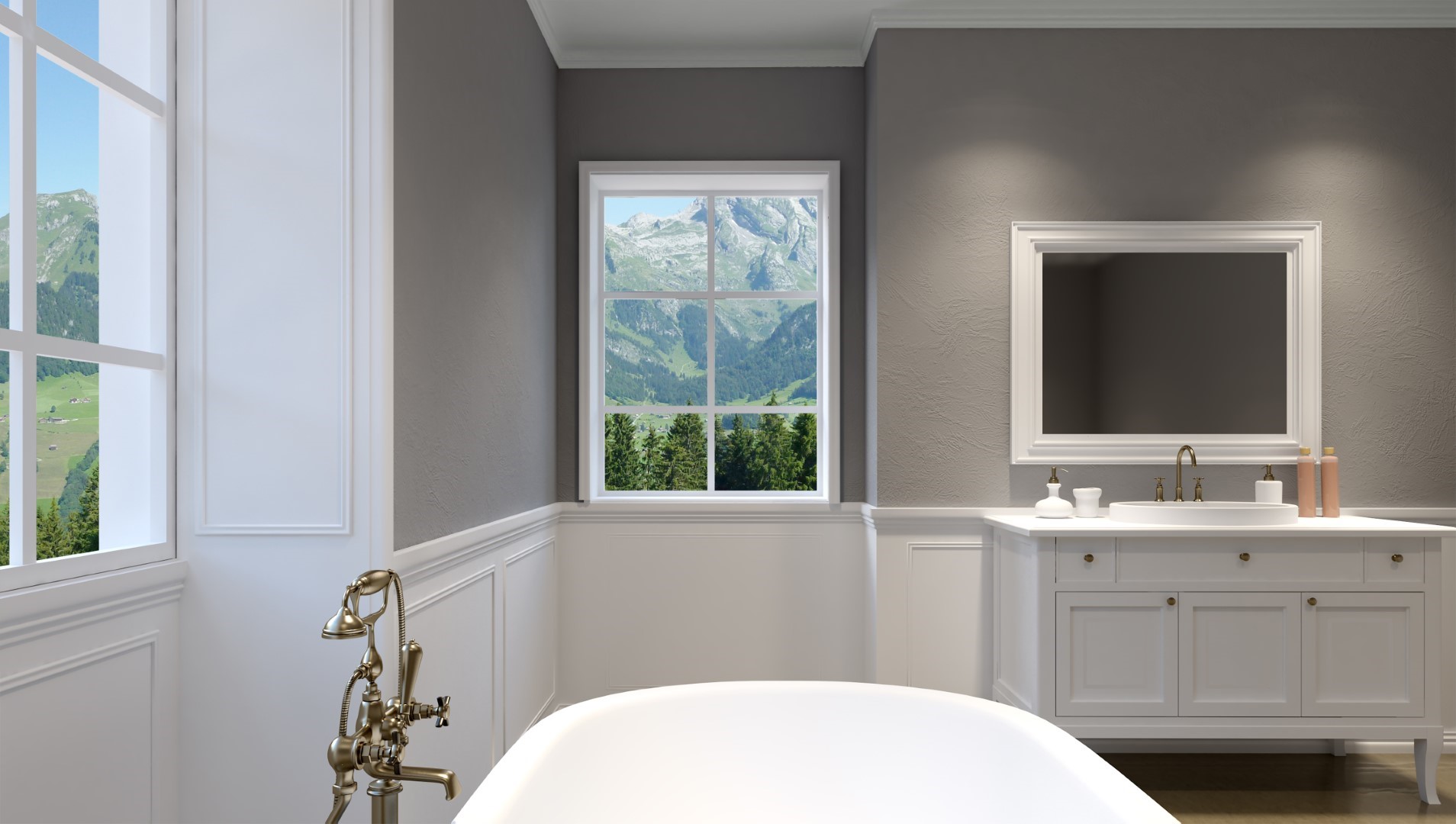 Beautiful Master Bathroom With Shower. 3D Rendering