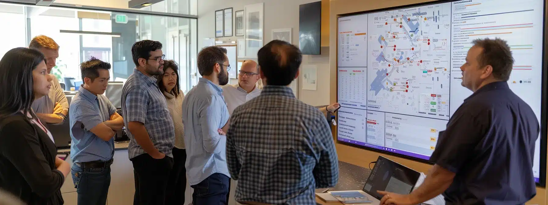 a team gathered around a detailed content calendar, mapping out topics based on impact and effort to ensure alignment with audience needs and enhance readability.