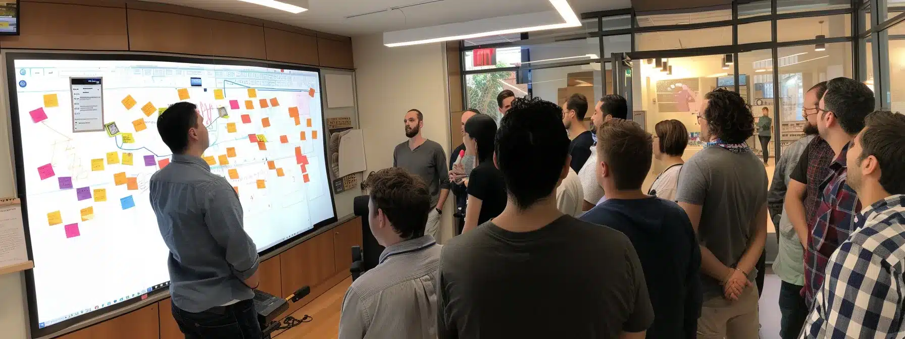 a diverse group of professionals gathered around a whiteboard filled with colorful sticky notes, engaged in a lively discussion.